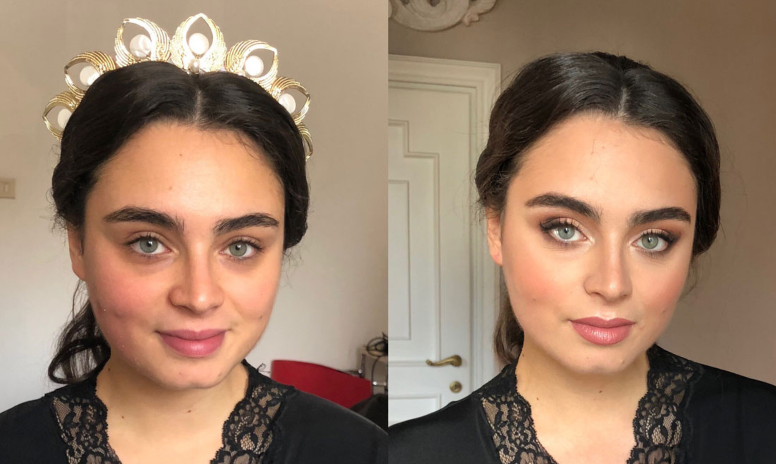 Comparazione del prima e dopo di una sposa truccata a domicilio a Palermo.